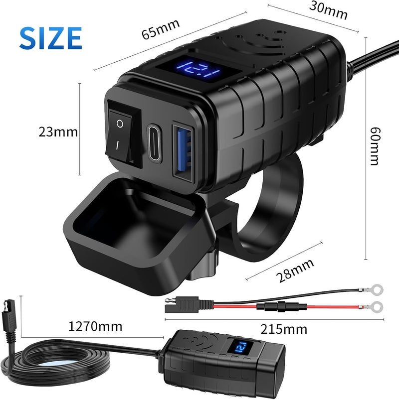 HAOQUOOU Motorcycle Phone Charger,Dual USB Type C PD & Quick Charge 3.0 Motorcycle USB Charger with Voltmeter & ON/Off Switch, Waterproof Motorcycle Accessories for Phone, Tablet, GPS, etc - Image 2